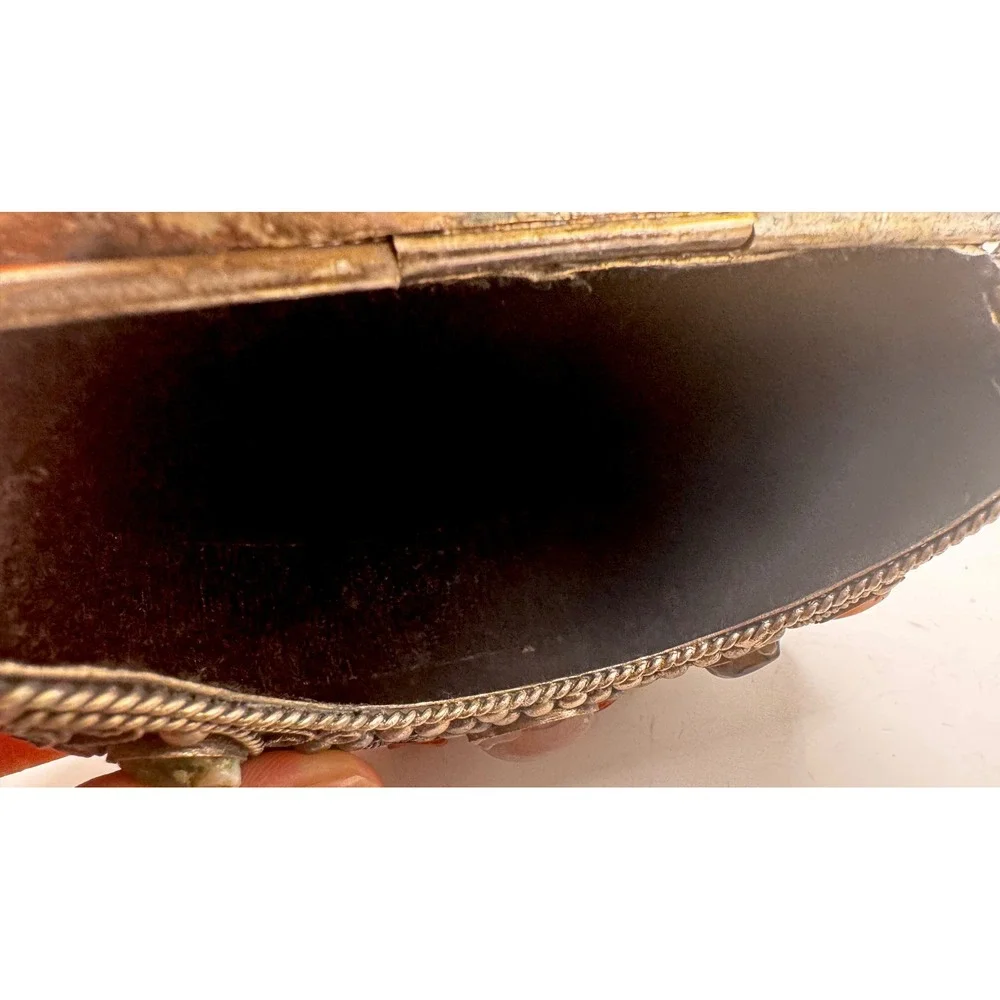 Vintage Sajai handmade‎ metal filigree with precious stones inlay & chain strap